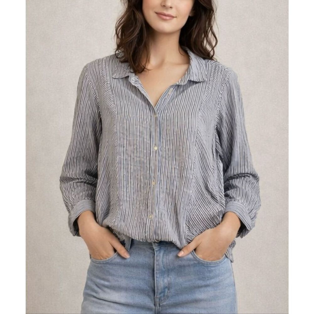 Artisan NY 100% linen blue striped button down blouse M
